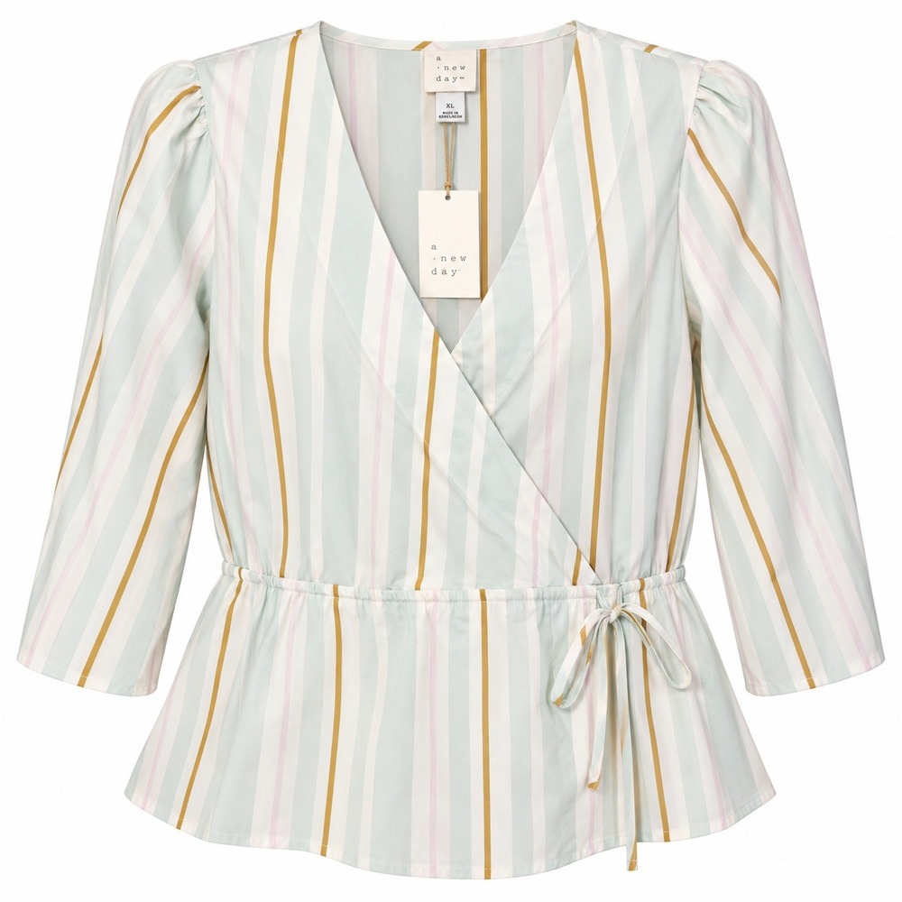 A New Day Wrap Blouse Women XL Green Striped NWT Puff Sleeve Peplum Cotton Top